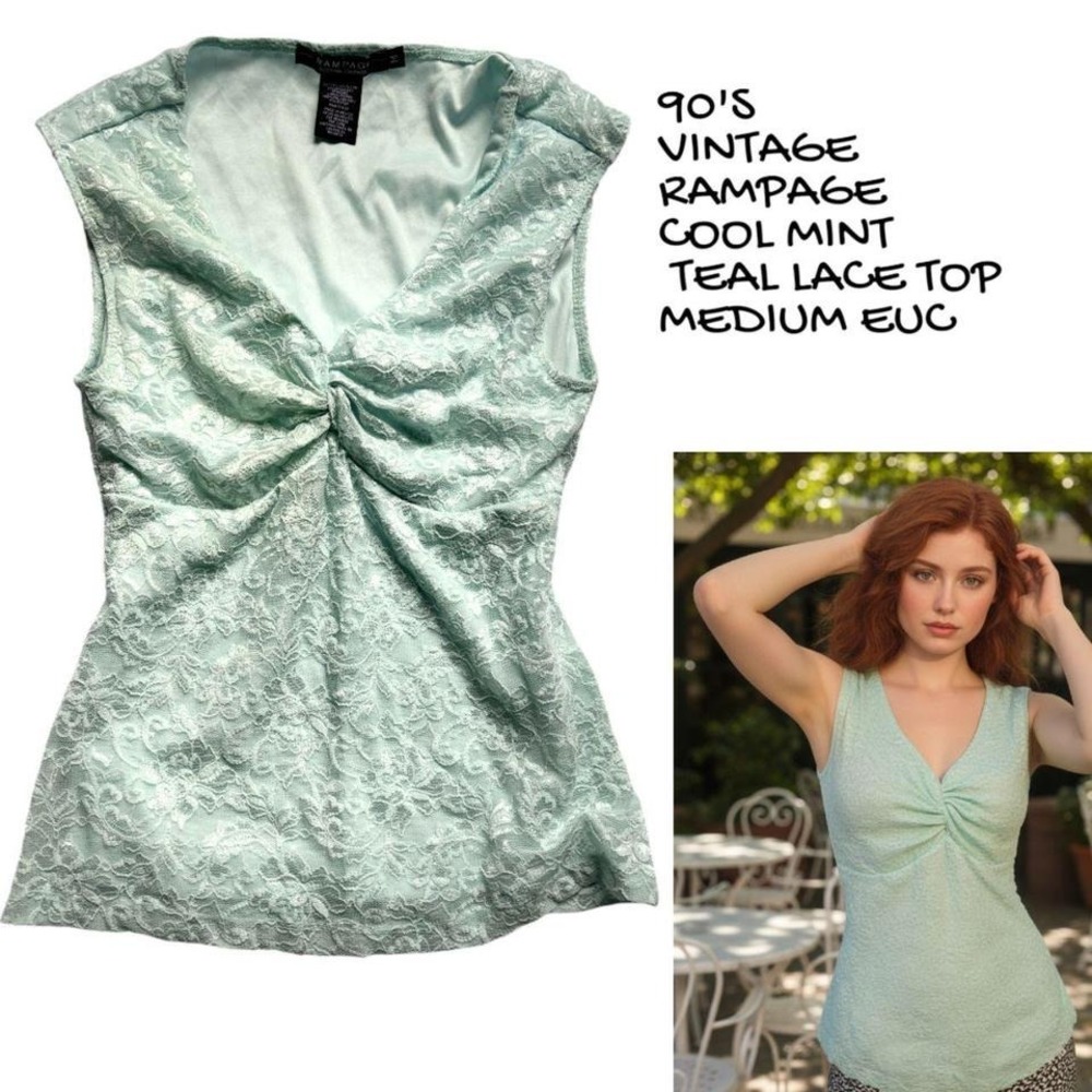 90'S VINTAGE COOL MINT TEAL RAMPAGE LACE TOP MEDIUM EUC